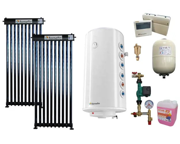 Pachet solar presurizat, panou Fornello 20 Tuburi Heat Pipe, Boiler cu 2 serpentine Fornello Optima GCV7/4S 150 l, controller, vas expansiune, grup pompare, aerisitor 1/2, antigel