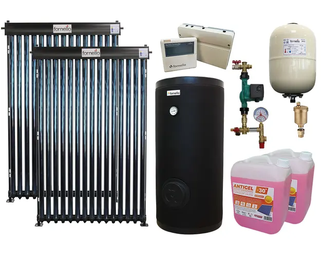 Pachet sistem solar presurizat, panou Fornello 30 Tuburi Heat Pipe, Boiler 2 serpentine Fornello SOL 300 LT 2S, controller, vas expansiune, grup pompare, aerisitor 1/2, antigel