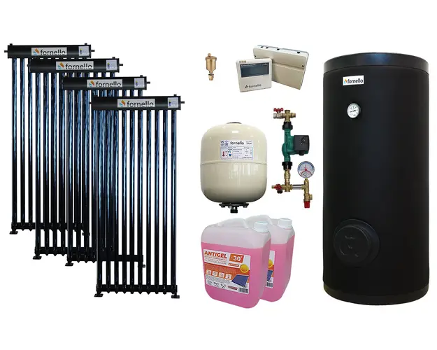 Pachet sistem solar presurizat, panou Fornello 40 Tuburi Heat Pipe, Boiler cu 2 serpentine Fornello SOL 300 LT 2S, controller, vas expansiune, grup pompare, aerisitor 1/2, antigel