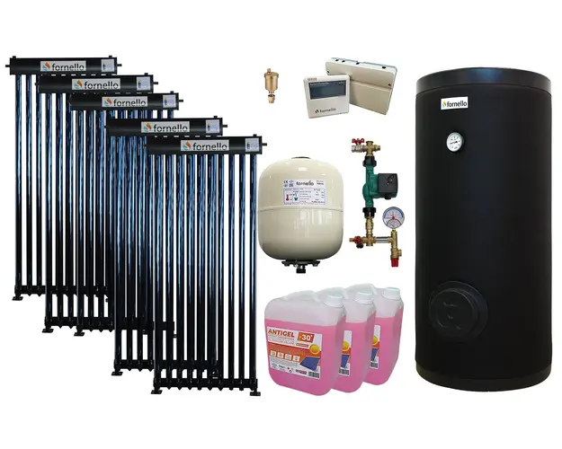 Pachet sistem solar presurizat, panou Fornello 50 Tuburi Heat Pipe, Boiler cu 2 serpentine Fornello SOL 500 LT 2S, controller, vas expansiune, grup pompare, aerisitor 1/2, antigel