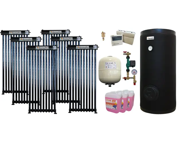 Pachet sistem solar presurizat, panou Fornello 60 Tuburi Heat Pipe, Boiler cu 2 serpentine Fornello SOL 500 LT 2S, controller, vas expansiune, grup pompare, aerisitor 1/2, antigel