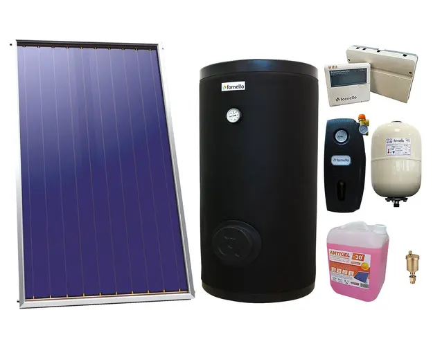 Pachet sistem solar presurizat, Panou Plan Sunsystem Select PK SL CL NL 2.15 m², Boiler cu 2 serpentine FORNELLO SOL 150 LT 2S, grup pompare, controller, vas expansiune, antigel, aerisitor 1/2