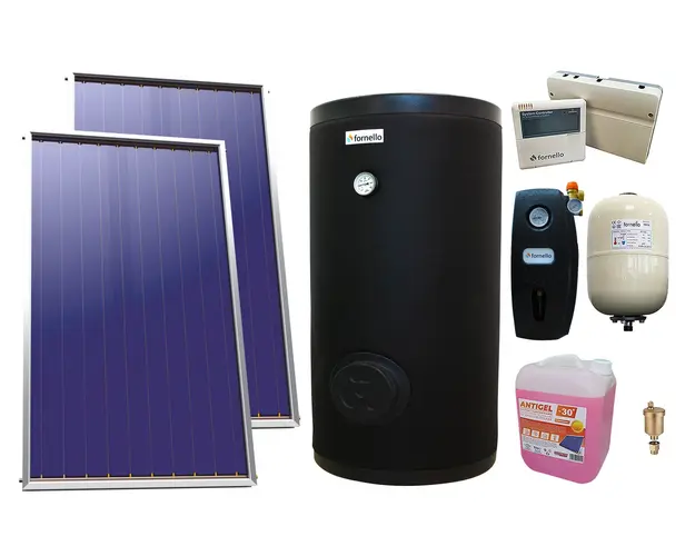 Pachet sistem solar presurizat, Panou Plan Sunsystem Select PK SL CL NL 2.15 m², Boiler cu 2 serpentine FORNELLO SOL 200 LT 2S, grup pompare, controller, vas expansiune, antigel, aerisitor 1/2