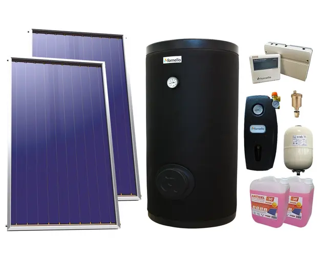 Pachet sistem solar presurizat, Panou Plan Sunsystem Select PK SL CL NL 2.15 m², Boiler cu 2 serpentine FORNELLO SOL 300 LT 2S, grup pompare, controller, vas expansiune, antigel, aerisitor 1/2