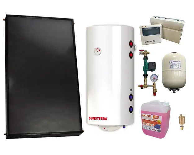 Pachet sistem solar presurizat, Panou solar plan Fornello 2.0 m² SPFP, Boiler cu 2 serpentine si rezistenta electrica Sunsystem MB NL2 100 litri, grup pompare, controller, vas expansiune, antigel, aerisitor 1/2