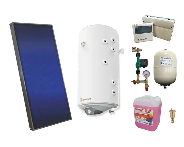 Pachet sistem solar presurizat, panou solar plan Sunsystem PК SL FP 2.0, Boiler cu 2 serpentine Eldom 100 l 2S, controller, vas expansiune, grup pompare, aerisitor 1/2, antigel