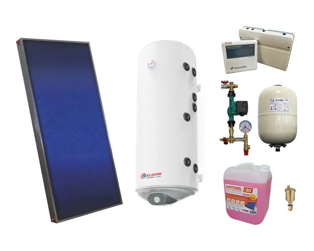 Pachet sistem solar presurizat, panou solar plan Sunsystem PК SL FP 2.0, Boiler cu 2 serpentine Eldom 120 l 2S, controller, vas expansiune, grup pompare, aerisitor 1/2, antigel