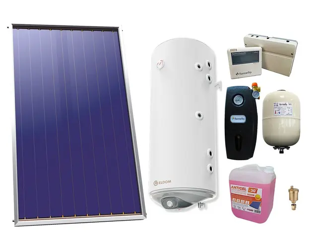Pachet sistem solar presurizat, Panou Solar plan Sunsystem Select PK SL CL NL 2.15 m², Boiler mixt cu 2 serpentine in paralel Eldom WV12046S21R 120 L, 3 Kw, grup pompare, controller, vas expansiune, antigel, aerisitor 1/2