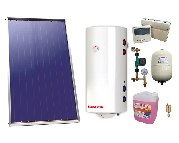 Pachet sistem solar presurizat, Panou Solar Sunsystem Select PK SL CL NL 2.15 m², Sunsystem BB NL2 150 PRL 3KW cu doua serpentine, grup pompare, controller, vas expansiune, antigel, aerisitor 1/2