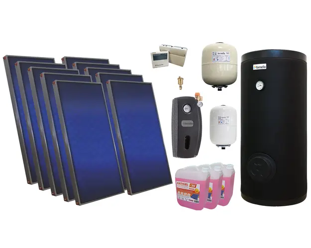 Pachet solar premium, presurizat, 10x panou plan Sunsystem PК SL FP 2.0, Boiler cu 2 serpentine Fornello SOL 1000 LT 2S, controller, vas expansiune solar, vas expansiune sanitar, grup pompare Fornello (pompa OHI), aerisitor 1/2, antigel