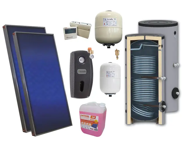 Pachet solar premium, presurizat, 2x panou plan Sunsystem PК SL FP 2.0, Boiler cu 2 serpentine Sunsystem SON 200 2S, controller, vas expansiune solar, vas expansiune sanitar, grup pompare Fornello (pompa OHI), aerisitor 1/2, antigel