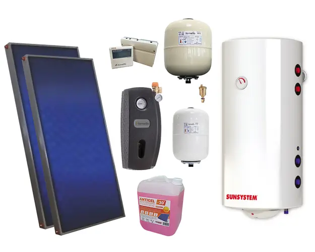 Pachet solar premium, presurizat, 2x panou plan Sunsystem PК SL FP 2.0, Boiler cu 2 serpentine Sunsystem BB NL2 150 PRL 2S, controller, vas expansiune solar, vas expansiune sanitar, grup pompare Fornello (pompa OHI), aerisitor, antigel