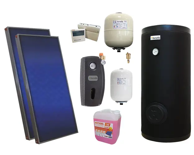 Pachet solar premium, presurizat, 2x panou plan Sunsystem PК SL FP 2.4, Boiler cu 2 serpentine Fornello SOL 200 LT 2S, controller, vas expansiune solar, vas expansiune sanitar, grup pompare Fornello (pompa OHI), aerisitor 1/2, antigel