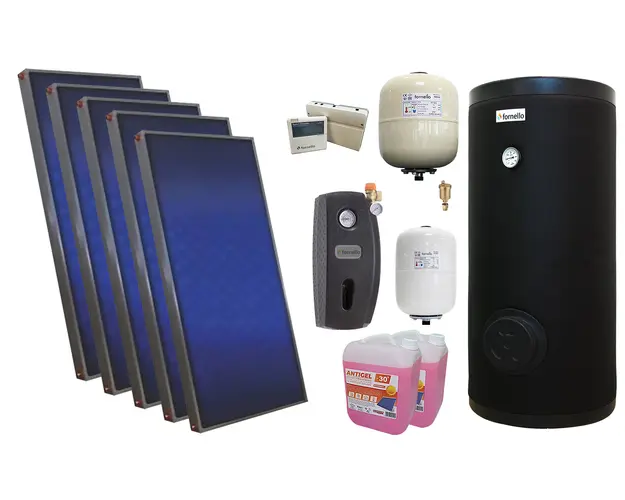 Pachet solar premium, presurizat, 5x panou plan Sunsystem PК SL FP 2.0, Boiler cu 2 serpentine Fornello SOL 500 LT 2S, controller, vas expansiune solar, vas expansiune sanitar, grup pompare Fornello (pompa OHI), aerisitor 1/2, antigel