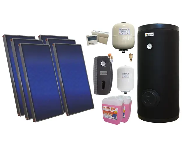 Pachet solar premium, presurizat, 6x panou plan Sunsystem PК SL FP 2.0, Boiler cu 2 serpentine Fornello SOL 500 LT 2S, controller, vas expansiune solar, vas expansiune sanitar, grup pompare Fornello (pompa OHI), aerisitor 1/2, antigel