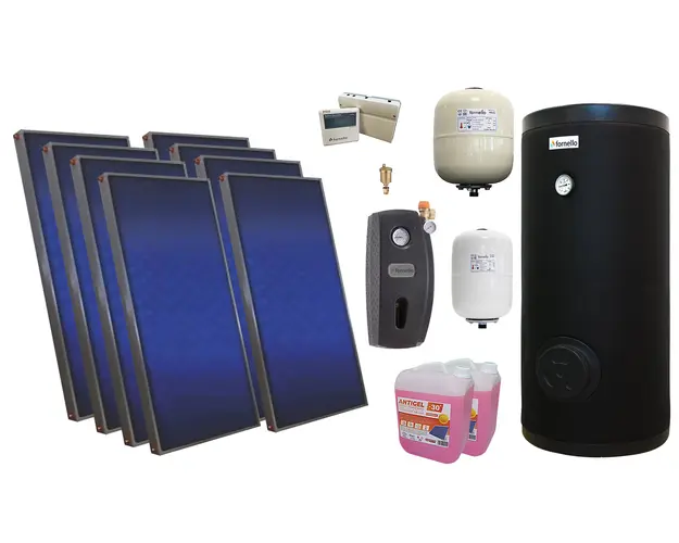 Pachet solar premium, presurizat, 8x panou plan Sunsystem PК SL FP 2.0, Boiler cu 2 serpentine Fornello SOL 800 LT 2S, controller, vas expansiune solar, vas expansiune sanitar, grup pompare Fornello (pompa OHI), aerisitor 1/2, antigel