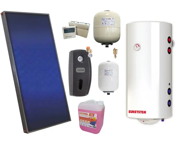 Pachet solar premium, presurizat, panou plan Sunsystem PК SL FP 2.0, Boiler cu 2 serpentine Sunsystem MB NL2 120 PRL 2S, controller, vas expansiune solar, vas expansiune sanitar, grup pompare Fornello (pompa OHI), aerisitor, antigel