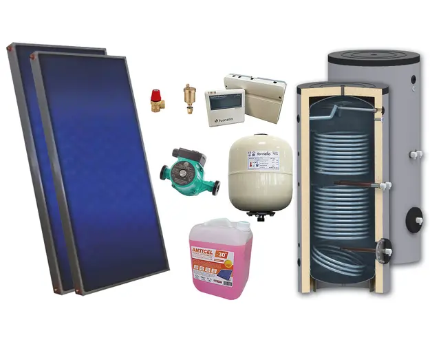Pachet solar, presurizat, 2x panou plan Sunsystem PК SL FP 2.4, Boiler cu 2 serpentine de sol Sunsystem Son 200 litri, controller, vas expansiune solar, pompa, supapa, aerisitor, antigel