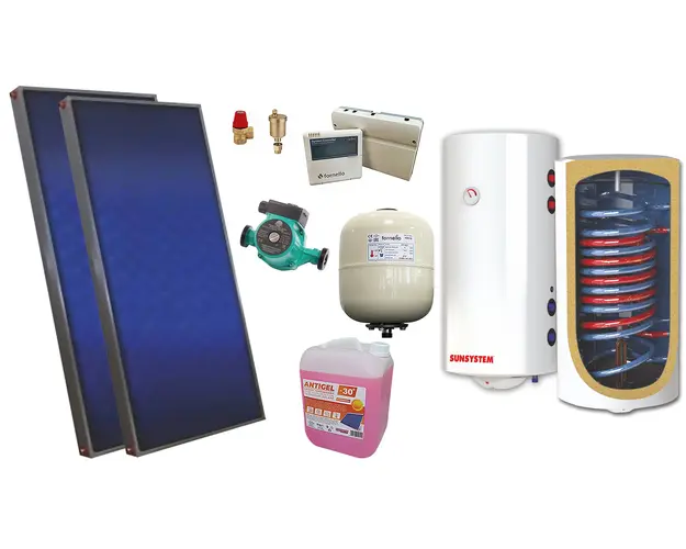 Pachet solar, presurizat, 2x panou plan Sunsystem PК SL FP 2.4, Boiler cu 2 serpentine si rezistenta electrica Sunsystem BB NL2 150 PRL, controller, vas expansiune solar, pompa, supapa, aerisitor, antigel