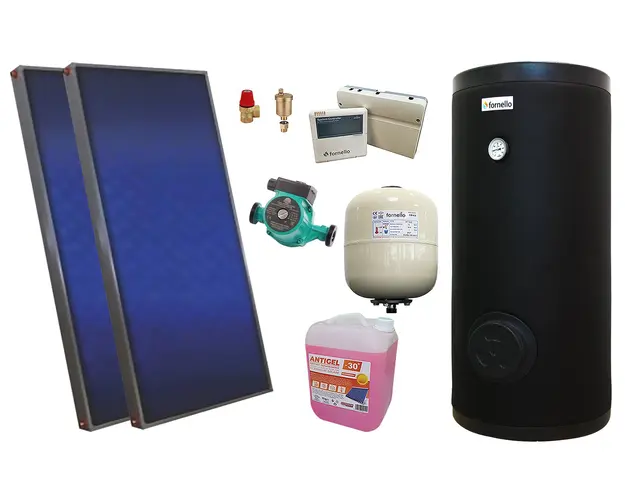 Pachet solar, presurizat, 2x panou plan Sunsystem PК SL FP 2.4, Boiler cu 2 serpentine de sol Fornello 300 litri, controller, vas expansiune solar, pompa, supapa, aerisitor, antigel