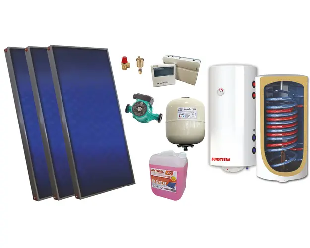 Pachet solar, presurizat, 3x panou plan Sunsystem PК SL FP 2.4, Boiler cu 2 serpentine si rezistenta electrica Sunsystem BB NL2 200 PRL, controller, vas expansiune solar, pompa, supapa, aerisitor, antigel