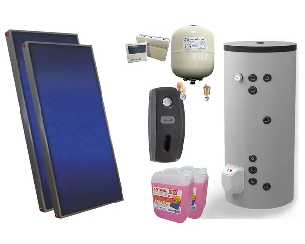 Pachet solar, presurizat, 2x panou plan Sunsystem PК SL FP 2.4, Boiler cu 2 serpentine Eldom FV20060S21, 3000 W, 200 l, controller, vas expansiune solar, pompa, supapa, aerisitor, antigel
