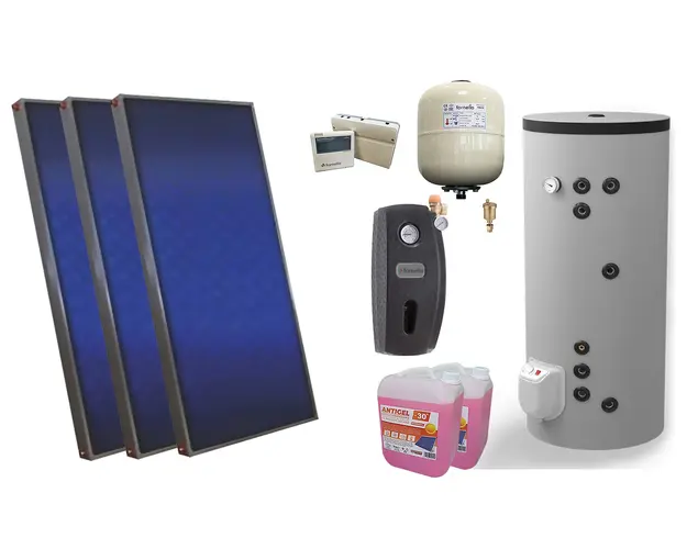 Pachet solar, presurizat, 3x panou plan Sunsystem PК SL FP 2.4, Boiler cu 2 serpentine FV30067S21, 9000 W, 300 l, controller, vas expansiune solar, pompa, supapa, aerisitor, antigel
