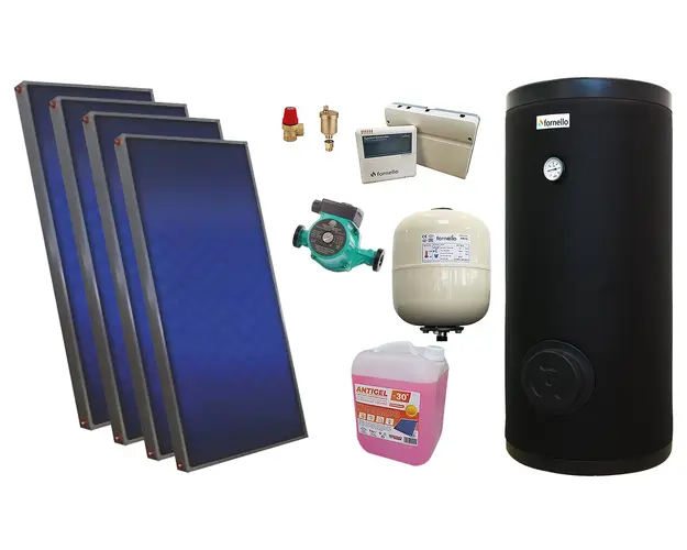 Pachet solar presurizat, 4x panou plan Sunsystem PК SL FP 2.4, Boiler cu 2 serpentine Fornello SOL 500 LT 2S, controller, vas expansiune solar, pompa, supapa, aerisitor, antigel