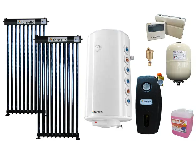 Pachet premium solar presurizat, panou Fornello 20 Tuburi Heat Pipe, Boiler cu 2 serpentine Fornello Optima GCV7/4S 150 l, controller, vas expansiune, grup pompare, aerisitor 1/2, antigel