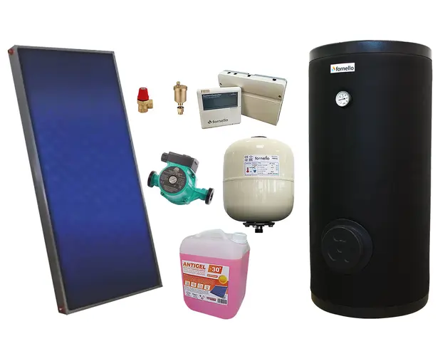 Pachet solar, presurizat, panou plan Sunsystem PК SL FP 2.4, Boiler cu 2 serpentine Fornello SOL 200 LT 2S, controller, vas expansiune solar, pompa, supapa, aerisitor, antigel