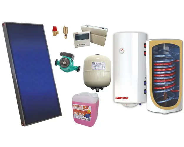 Pachet solar, presurizat, panou plan Sunsystem PК SL FP 2.4, Boiler cu 2 serpentine si rezistenta electrica Sunsystem MB NL2 100 litri, controller, vas expansiune solar, pompa, supapa, aerisitor, antigel