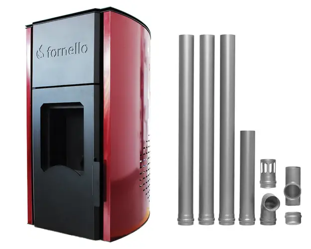 Pachet termosemineu centrala peleti Fornello Royal 25 kw , complet echipat pentru incalzire, pompa , vas expansiune, automatizare , telecomanda, buncar peleti tiraj fortat, Kit de evacuare gaze arse Dn 80 din otel negru
