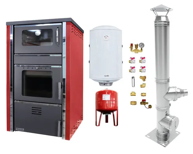Pachet Termosemineu FORNELLO AVANOS 32 kw Red pe combustibil solid ( lemn,carbune,bricheti ), boiler termoelectric 100l, vas expansiune, kit montaj si cos inox