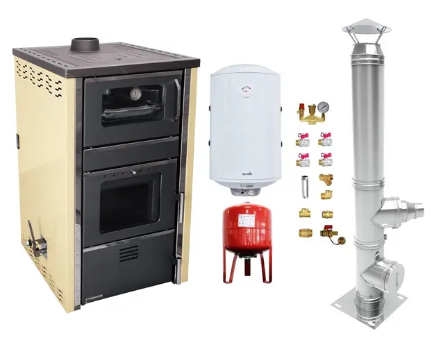Pachet Termosemineu FORNELLO AVANOS 32 kw Ivory pe combustibil solid ( lemn,carbune,bricheti ), boiler termoelectric 100l, vas expansiune, kit montaj si cos inox