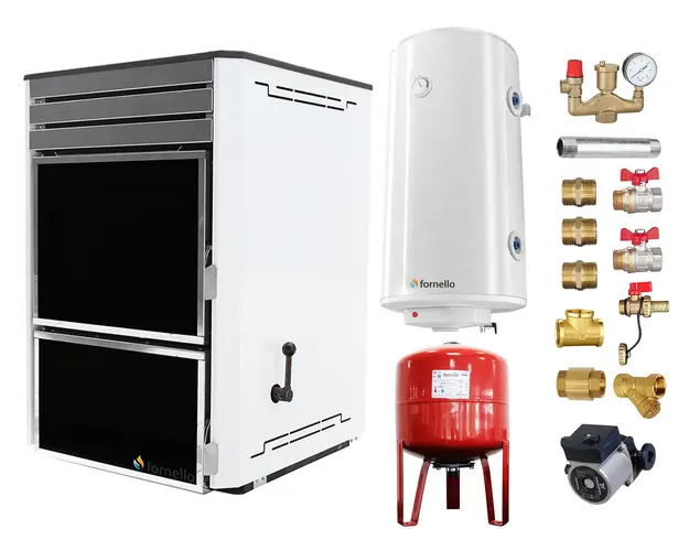 Pachet Termosemineu Fornello Dila Eco 29 kw pe combustibil solid ( lemn,carbune,bricheti ), boiler Fornello gcvs 100 l, vas expansiune, pompa circulare grundfos, termometru, termostat, regulator tiraj si fitinguri montaj