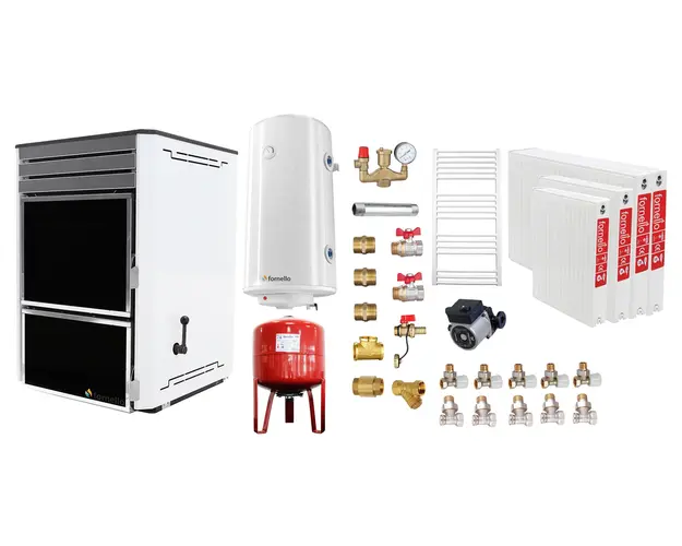 Pachet Termosemineu Fornello Dila Eco 29 kw pe combustibil solid ( lemn,carbune,bricheti ), radiatoare otel, boiler Fornello gcvs 100 l, vas expansiune, pompa circulare grundfos, termometru, termostat, regulator tiraj si fitinguri montaj