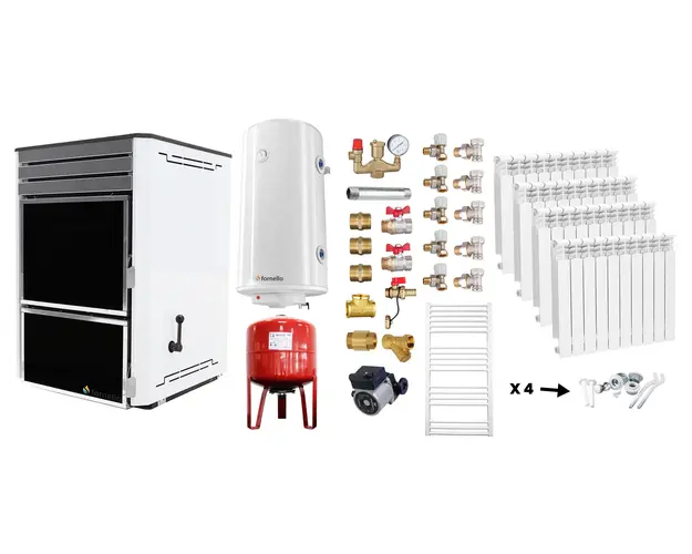 Pachet Termosemineu Fornello Dila Eco 29 kw pe combustibil solid ( lemn,carbune,bricheti ), calorifere aluminiu, boiler Fornello gcvs 100 l, vas expansiune, pompa circulare grundfos, termometru, termostat, regulator tiraj si fitinguri montaj