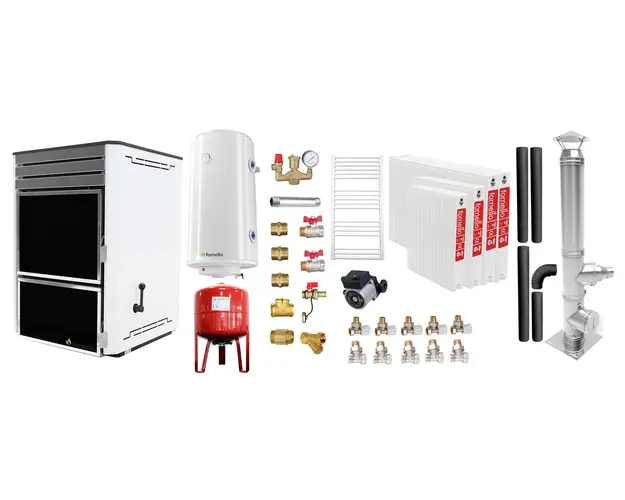 Pachet Termosemineu Fornello Dila Eco 29 kw pe combustibil solid ( lemn,carbune,bricheti ), radiatoare otel, cos evacuare, boiler Fornello gcvs 100 l, vas expansiune, pompa circulare grundfos, termometru, termostat, regulator tiraj si fitinguri monta