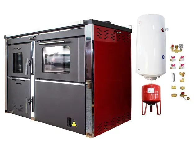 Pachet Termosemineu FORNELLO STAR Red 34 kw pe combustibil solid ( lemn,carbune,bricheti ) prevazut cu plita si cuptor pentru gatit, echipat cu pompa de circulare, boiler termoelectric 100l, vas expansiune, kit montaj