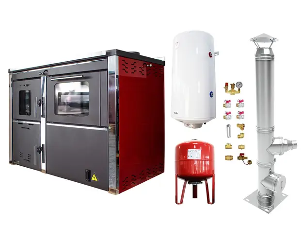 Pachet Termosemineu FORNELLO STAR Red 34 kw pe combustibil solid ( lemn,carbune,bricheti ) prevazut cu plita si cuptor pentru gatit, echipat cu pompa de circulare, cos inox, boiler termoelectric 100l, vas expansiune, kit montaj