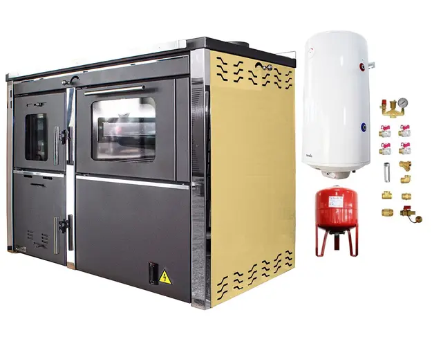 Pachet Termosemineu FORNELLO STAR CREAM 34 kw pe combustibil solid ( lemn,carbune,bricheti ) prevazut cu plita si cuptor pentru gatit, echipat cu pompa de circulare, boiler termoelectric 100l, vas expansiune, kit montaj