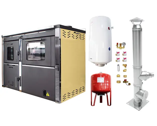 Pachet Termosemineu FORNELLO STAR CREAM 34 kw pe combustibil solid ( lemn,carbune,bricheti ) prevazut cu plita si cuptor pentru gatit, echipat cu pompa de circulare, cos inox, boiler termoelectric 100l, vas expansiune, kit montaj