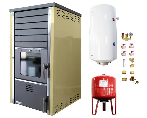 Pachet Termosemineu FORNELLO SUPERNOVA CREAM 38 KW pe combustibil solid ( lemn,carbune,bricheti ) ce se poate utiliza pentru incalzirea locuintelor, este echipat cu pompa de circulare, boiler termoelectric 100l, vas expansiune si kit montaj