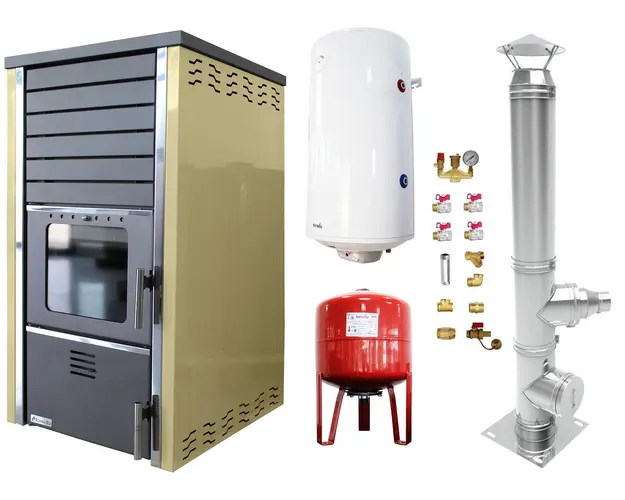 Pachet Termosemineu FORNELLO SUPERNOVA CREAM 38 KW pe combustibil solid ( lemn,carbune,bricheti ) ce se poate utiliza pentru incalzirea locuintelor, este echipat cu pompa de circulare, cos inox, boiler termoelectric 100l, vas expansiune si kit montaj