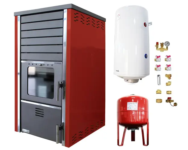 Pachet Termosemineu FORNELLO SUPERNOVA RED 38 KW pe combustibil solid ( lemn,carbune,bricheti ) ce se poate utiliza pentru incalzirea locuintelor, este echipat cu pompa de circulare, boiler termoelectric 100l, vas expansiune si kit montaj