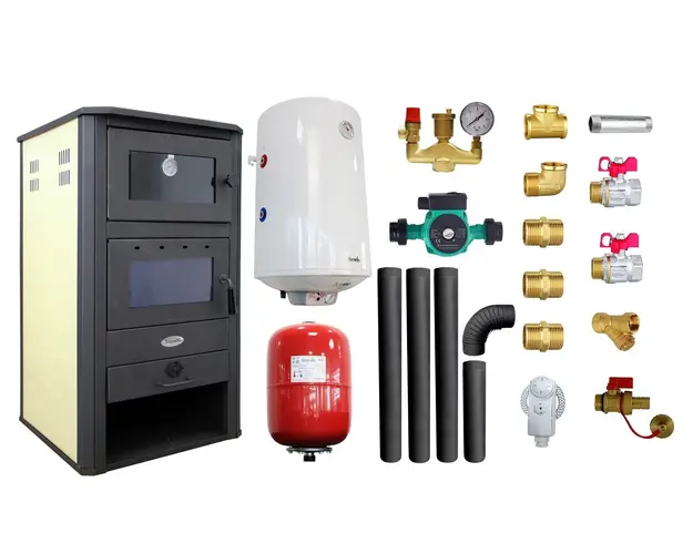 Pachet Termosemineu pe lemne, brichete si carbune Fornello MILANO E, 24 KW, cuptor, Ivory, 580x560x1060 mm, boiler termoelectric 100l, vas expansiune, pompa circulatie, kit evacuare si kit montaj