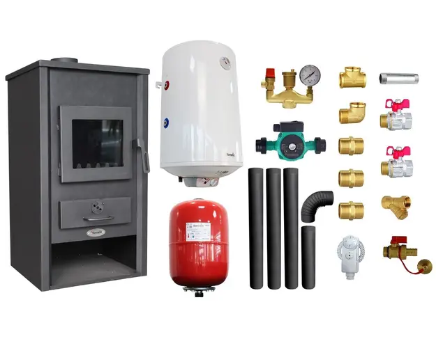 Pachet Termosemineu pe lemne, brichete si carbune Fornello B2E, 14 kW, 46x45x91 cm, boiler termoelectric 80l, vas expansiune, pompa circulatie, kit evacuare si kit montaj
