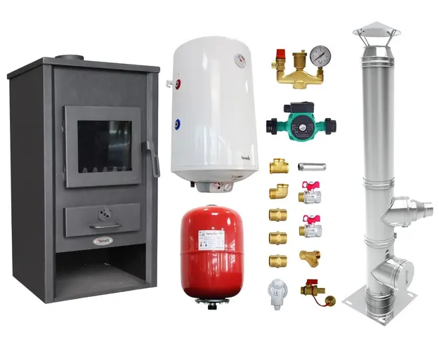 Pachet Termosemineu pe lemne, brichete si carbune Fornello B2E, 14 kW, 46x45x91 cm, cos inox, boiler termoelectric 80l, vas expansiune, pompa circulatie si kit montaj