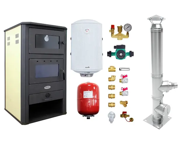 Pachet Termosemineu pe lemne, brichete si carbune Fornello MILANO E, 24 KW, cuptor, Ivory, 580x560x1060 mm, cos inox, boiler termoelectric 100l, vas expansiune, pompa circulatie si kit montaj 