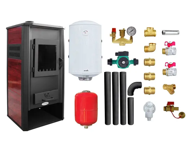 Pachet Termosemineu pe lemne, brichete si carbune Fornello Roma E, Bordeaux, 22 kW, 49x45x103 cm, boiler termoelectric 100l, vas expansiune, pompa circulatie, kit evacuare si kit montaj 